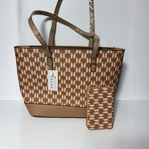 NWT 2PC 100% Vegan Leather 2 Tone Brown Spacious Tote Bag with Matching Wallet
